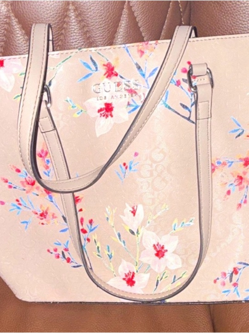 GUESS Floral Print Pink Tote with Double Straps